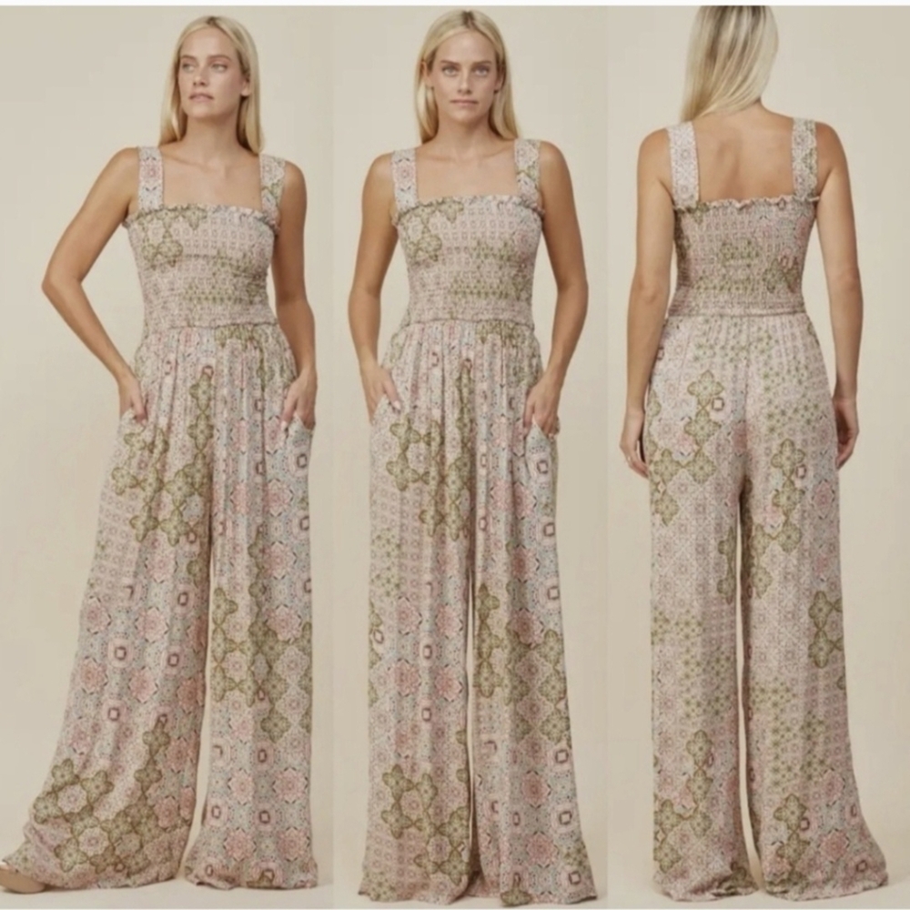 Wisteria Lane - Multicolor paisley floral print wide leg flare Boho Jumpsuit